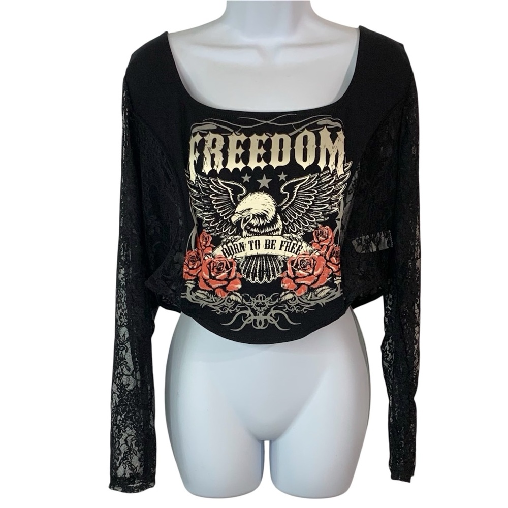 FASHION NOVA Freedom Eagle Graphic Crop Top w/ Lace Sleeves Sz 2X